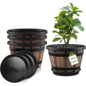 Resim 3 adet Whiskey Barrel Planters, Drenaj Delikleri ve Tabaklar ile - Vintage Kahverengi Plastik İmitasyon Şarap Kasesi Tasarımı, İç/Dış Mekan Bahçesi, Ev Bitkileri, Dayanıklı ve Şık Dekor, İç Mekan Planters, Dış Mekan Planters, Rustik Estetik, Dayanıklı Yapı 