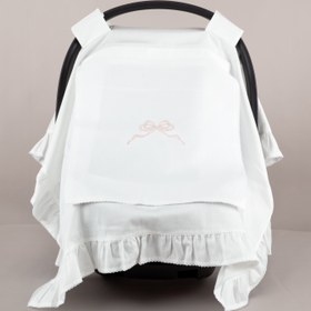 Resim Nazenin Pembe Fiyonk Nakışlı Ekru Tığ işi Süslemeli Fırfırlı Puset Örtüsü 