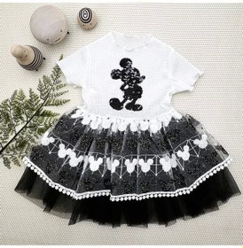 Resim 1-2-3 Yaş Payetli Mickey Baskılı Brode Etekli Kız Bebek Elbisesi Siyah Siyah 