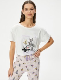 Resim Looney Tunes Lisanslı Pijama Takımı Baskılı Bisiklet Yaka Pamuklu 