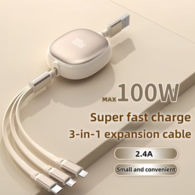 Resim 3'ü 1 Arada Geri Çekilebilir USB Şarj Kablosu, 100W Hızlı Şarj, iPhone 13/14/12/11/X, Huawei için USB'den C/Micro USB'ye Uyumlu, 480Mbps Veri Senkronizasyonu, ≤36V'a Kadar USB Güç Kaynağı 