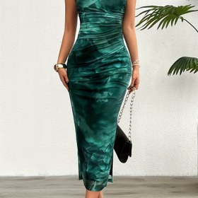 Resim Kadınlar İçin Şık Kolsuz Bodycon Elbise - Zümrüt Yeşili Kamuflaj Desenli, Uzun Boy Yuvarlak Yaka, Makinede Yıkanabilir İlkbahar/Yaz Günlük ve Resmi Giyim, Yaz Modası, Zarif Siluet, Pürüzsüz Kumaş 