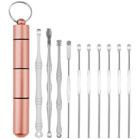 Resim Mufunye Kulak Temizleme Çubuğu, Çift Başlı Yaylı Spiral Masaj, Gül Altın Tüp 10 Parçalı Set 