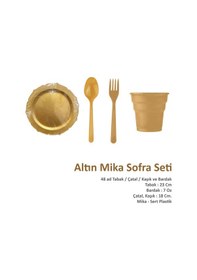 Resim Omeyva Dayanıklı Mika 23 Cm. Altın Sorfa Piknik Seti - 48 Kişilik Tabak Bardak Çatal Kaşık Takımı 