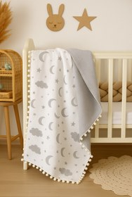 Resim BeygeBaby %100 Pamuktan Gri Bulutlu Müslin Çift Kat Pike Örtü 110x100 Ölçülerinde 