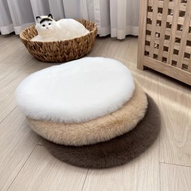 Resim Lüks Sahte Tavşan Kürkü Yuvarlak Evcil Hayvan Yatağı - Ultra-Yumuşak, Sıcak Krem Rengi Kedi & Köpek Matı, Rahat Uyku ve Sarılma İçin 