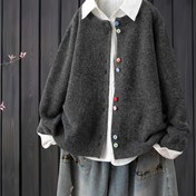 Resim Kadınlar İçin Oversize Noel Hırkası, Renkli Gökkuşağı Düğmeleri, Japon Mori Tarzı, Rahat Günlük Kesim, Yuvarlak Yaka Yumuşak Örgü, 2025 Noel & Kış Kazak, Konforlu Bol Kesim Sanatsal Ceket, Mutlu Noeller 