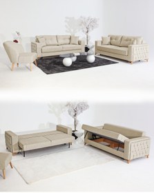 Resim Velura Home & Living Nola Koltuk Takımı 3+3+1+1 & Bazalı Yataklı Koltuk & Kanepe - Keten 