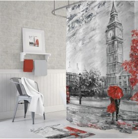 Resim Tropikhome Banyo Perdesi Bigben Londra Desenli Baskılı Solmaz Su Geçirmez Duş Perdesi 12 C Halka Hediye 180x200 