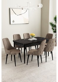 Resim Clara Siyah Mermer Desen 80x132 Açılabilir Mdf Masa Yemek Odası Takımı,mutfak Takımı 6 Adet Sandalye Cappuccino 