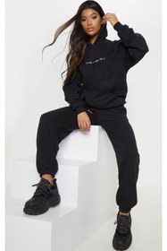 Resim DUBU BUTİK Pretty Eşofman Takımı Sweatshirt Jogger - Siyah Baskılı Kapüşonlu Oversize Şardonlu Lastik Paça 