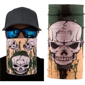 Resim Haki Yeşil Renk Üzeri Likralı Kuru Kafa Kafatası Baskılı Baf Buff Bandana 25x48 Cm 