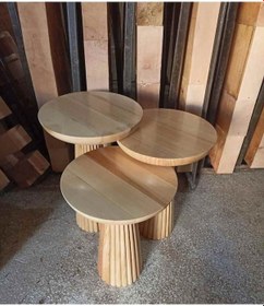 Resim Ahşap Sehpa 3 Lü Set Naturel Renk Masif Fiskos Sehpa Takımı Bej 