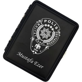 Resim Sedef Silver Polis Amblem Logolu Kişiye Özel Metal Mat Siyah Sigara Tabakası 