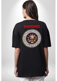 Resim Ramones Punk Müzik Grubu Pamuklu Unisex Oversize Sırt Dijital Baskılı Siyah T-shirt Siyah 