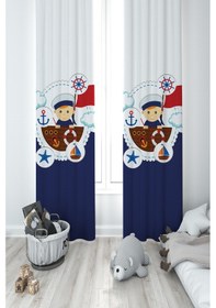 Resim Mekta Home Bebek Ve Çocuk Odası Küçük Denizci Kaptan Desenli 2 Kanat Fon Perde 
