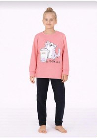 Resim Kız Çocuk Kedi Baskılı Uzun Kollu Pijama Takımı Rahat Ev Giyimi-8411- Pembe 