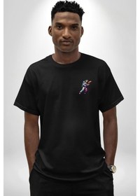 Resim Pizza Servisi Uzay Kurye Siyah Oversize Unisex Ön Sol Yan Minimal Baskılı Tişört Koyu Siyah 