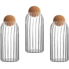 Resim Morponi 3 Adet Top Mantar Kapaklı Çizgili Cam Kavanoz Ve Baharatlık Seti 1200 Ml Beyaz 