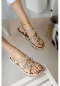 Resim Hasır Halat Kadın Sandalet Krem Krem 
