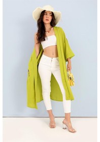 Resim Wpr Kimono Arkası Baskılı Püsküllü Keten - Açık Yeşil-açık Yeşil Açık Yeşil 