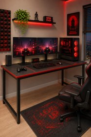 Resim Flinder Siyah/Kırmızı Oyuncu Masası 60x140, Çalışma Masası, Bilgisayar Masası, Gamer Masa, Metal Ayaklı 