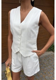 Resim WeShaya Kadın Beyaz Flamlı Keten İkili Kısa Takım Beyaz 