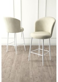 Resim Canisa Alte Serisi 2 Adet Krem Sandalye 65 Cm Ada Mutfak Bar Sandalyesi Babyface Kumaş Beyaz Metal Ayak Sandalye Krem Ayaklar Beyaz 