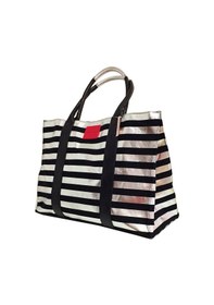 Resim Victoria's Secret Vs Siyah & Gümüş Çizgili Desen Kanvas Tote Seyahat Çantası Gümüş - Siyah 