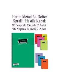 Resim A4 Okul Defteri Spiralli Plastik Kapak 96 Yaprak Çizgili 2 Adet Ve 96 Yaprak Kareli 2 Adet Spralli Harita Metod 
