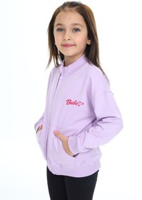 Resim Toontoy Kız Çocuk Lila Dik Yaka Fermuarlı Düşük Omuz Cepli Nakış Baskılı Örme Hırka - 2 İplik Şardon 