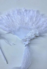 Resim Limelia Beyaz Tüylü Gelin Yelpazesi Ve Süslenmiş Kalem Gelin Yelpazesi Nikah Kalemi 