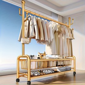 Resim 1 Adet Altın Renkli, Sağlam Tekerlekli Metal Askı, 5 Kancalı ve File Rafı, Çok Amaçlı Taşınabilir Yatak Odası, Oturma Odası ve Giysi Mağazası İçin Asılak 