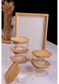 Resim Duo 400ml 6'lı Bambu Beyaz Mermer Desen Tepsili Bambu Vakumlu Kapaklı Cam Kahvaltılık Bambu 