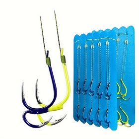 Resim 5 Adet Premium Karbon Çelik Çift Balıkçılık Kancaları - Canlı Mavi & Sarı, Önceden Bağlanmış Iseama Patlama Kancaları Kolay Yakalama İçin, Sazan Balıkçılığı İçin İdeal, Balık Yemi 