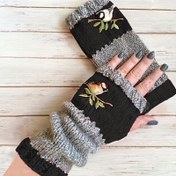 Resim Hummingbird Embroidered Knit Eldiven Şık Çift Renkli Eldiven Sonbahar Kış Yumuşak Sıcak Parmaksız Eldivenler 