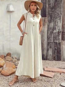 Resim Nova Bazaar Kadın Kısa Kollu Önden Düğmeli Paçaya Doğru Geniş Cepli Uzun Bürümcük Tulum Bej 