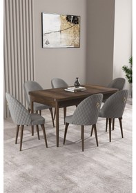 Resim Milas Barok Desen 80x132 Mdf Açılabilir Yemek Masası Takımı 6 Adet Sandalye Gri 