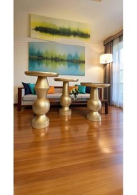 Resim Altın Varaklı Doğal Ahşap Mantar Sehpa Seti 3'lü El Yapımı Yan Sehpa Takımı - Wooden Coffee Table Altın 