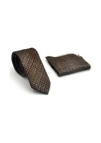 Resim Gaffy Gri Desenli Kahverengi Dokuma Kumaş Mendilli Slim Fit Kravat // Sdk-2602-4 Kahverengi 
