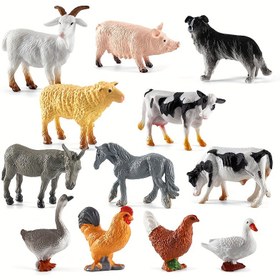 Resim 12 parça çiftlik kümes hayvanı simülasyon model oyuncak seti, mini tavuk, ördek, kaz, at, inek, yaratıcı katı figür, 3 yaş ve üzeri çocuklar için uygun, tatil hediyesi, bilim ve eğitim, kum masa oyunu, simülasyon sahnesi, pasta süsü 
