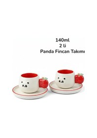 Resim 2 Kişilik Seramik Kahve Fincanı Kabartma Panda Figürlü Beyaz - Sarı 