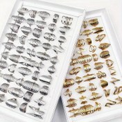 Resim 40 adet Kadın Moda Yığın Halka Gümüş ve Altın Renk Paslanmaz Çelik Malzeme Erkek ve Kadın Boş Halka Boyutu 17mm-21mm Karışık Aşk Kelebek Hayvan Kalp Çeşitli Tasarım Parti Hediyeleri Şans Parmak Halka Seti Kutusuz 