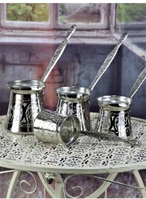 Resim Antep İşlemeli Nikelli Döküm Sap Bakır Cezve Takımı 