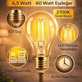 Resim Ecolite 6,5W LED Filament Ampul E27 | 60W Eşdeğer | 2700K Sarı Işık | 810 Lümen | 2’li Paket | Enerji Sınıfı E 