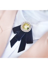 Resim Lux Siyah Kadife Kurdele İncili Taşlı El Yapımı Yaka Broş Siyah Çok Renkli 