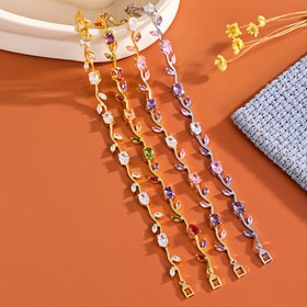 Resim Bohemian Yaprak Charm Bileklik - Çok Renkli Sentetik Zirkon Taşlı, Beyaz Altın Kaplama Dayanıklı Takı, Günlük ve Parti Kullanımı İçin Yıl Boyu Şık Aksesuar 