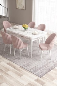 Resim Canisa Ves Serisi 80x132 Mdf Siyah Mermer Yemek Odası Takımı 6 Pembe Sandalye 