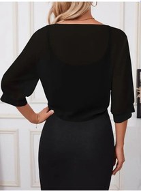 Resim Efnaz Style Kadın Truvakar Kol Önden Bağlamalı Kısa Şifon Bolero Ceket Siyah 