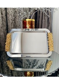 Resim Atabey Home Collection 6'lı Kahve & Çay & Sunum Dikdörtgen Büyük Sunum Tepsisi Çelik Gül Model Gold 30 Cm3 
